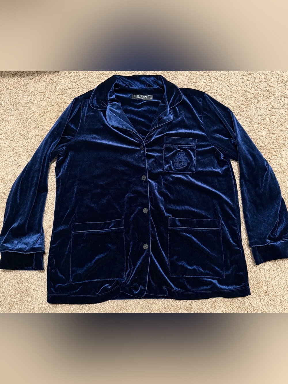 Lauren Ralph Lauren Blue Velour Collared Button Pajama Top Pockets Logo Y2K
